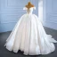 Luxury / Gorgeous White Satin Bridal Wedding Dresses 2021 Ball Gown See-through Off-The-Shoulder Deep V-Neck Short Sleeve Backless Handmade  Beading Pearl Chapel Train