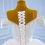 Luxury / Gorgeous White Satin Bridal Wedding Dresses 2021 Ball Gown See-through Off-The-Shoulder Deep V-Neck Short Sleeve Backless Handmade  Beading Pearl Chapel Train