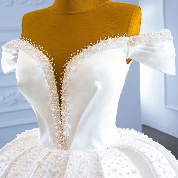 Luxury Gorgeous White Satin Bridal Wedding Dresses 2021 Ball Gown See-through Deep Short