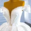 Luxury / Gorgeous White Satin Bridal Wedding Dresses 2021 Ball Gown See-through Off-The-Shoulder Deep V-Neck Short Sleeve Backless Handmade  Beading Pearl Chapel Train