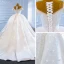 Luxury / Gorgeous White Satin Bridal Wedding Dresses 2021 Ball Gown See-through Off-The-Shoulder Deep V-Neck Short Sleeve Backless Handmade  Beading Pearl Chapel Train