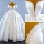 Luxury / Gorgeous White Satin Bridal Wedding Dresses 2021 Ball Gown See-through Off-The-Shoulder Deep V-Neck Short Sleeve Backless Handmade  Beading Pearl Chapel Train