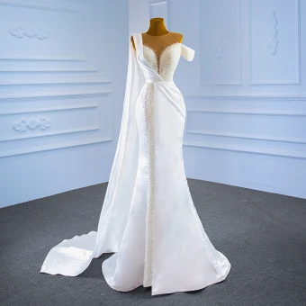 Luxury Gorgeous White Satin Bridal Wedding Dresses 2021 Trumpet Mermaid See Through Scoop Neck Short Sleeve Handmade Beading Pearl Watteau Train Ruffle