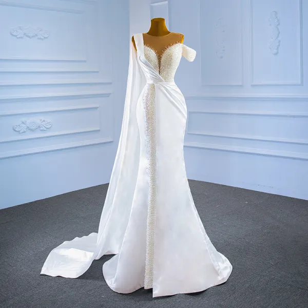 Luxury / Gorgeous White Satin Bridal Wedding Dresses 2021 Trumpet / Mermaid See-through Scoop Neck Short Sleeve Handmade  Beading Pearl Watteau Train Ruffle