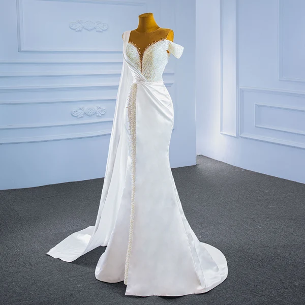 Luxury / Gorgeous White Satin Bridal Wedding Dresses 2021 Trumpet / Mermaid See-through Scoop Neck Short Sleeve Handmade  Beading Pearl Watteau Train Ruffle