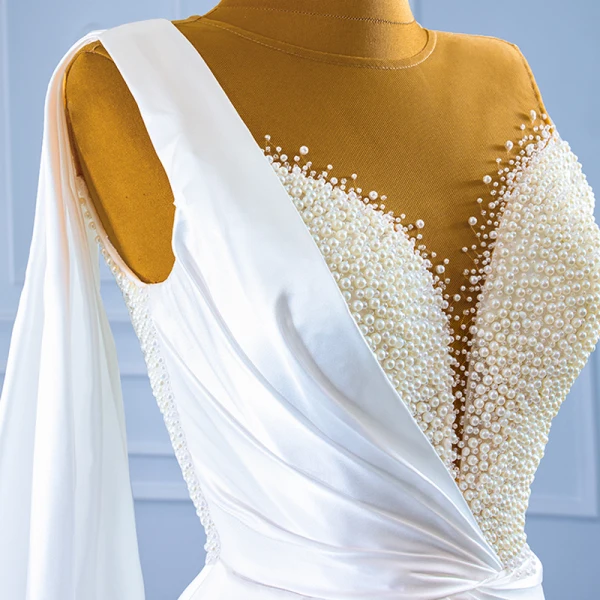 Luxury / Gorgeous White Satin Bridal Wedding Dresses 2021 Trumpet / Mermaid See-through Scoop Neck Short Sleeve Handmade  Beading Pearl Watteau Train Ruffle