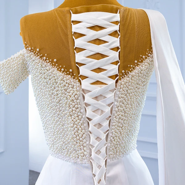 Luxury / Gorgeous White Satin Bridal Wedding Dresses 2021 Trumpet / Mermaid See-through Scoop Neck Short Sleeve Handmade  Beading Pearl Watteau Train Ruffle