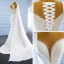 Luxury / Gorgeous White Satin Bridal Wedding Dresses 2021 Trumpet / Mermaid See-through Scoop Neck Short Sleeve Handmade  Beading Pearl Watteau Train Ruffle
