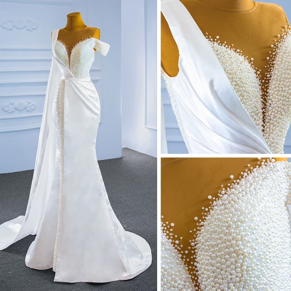 Luxury / Gorgeous White Satin Bridal Wedding Dresses 2021 Trumpet / Mermaid See-through Scoop Neck Short Sleeve Handmade  Beading Pearl Watteau Train Ruffle