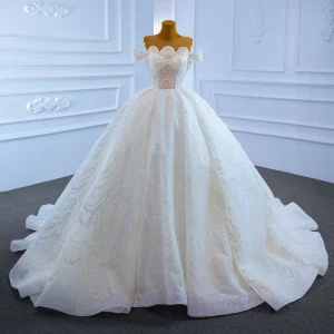 Luxe Blanche La Mariée Robe De Mariée 2021 Robe Boule Transparentes Encolure Dégagée Manches Courtes Fait Main Perlage Perle Glitter Tulle Chapel Train Volants