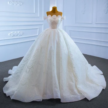Luxury Gorgeous White Bridal Wedding Dresses 2021 Ball Gown See Through Scoop Neck Short Sleeve Handmade Beading Pearl Glitter Tulle Chapel Train Ruffle