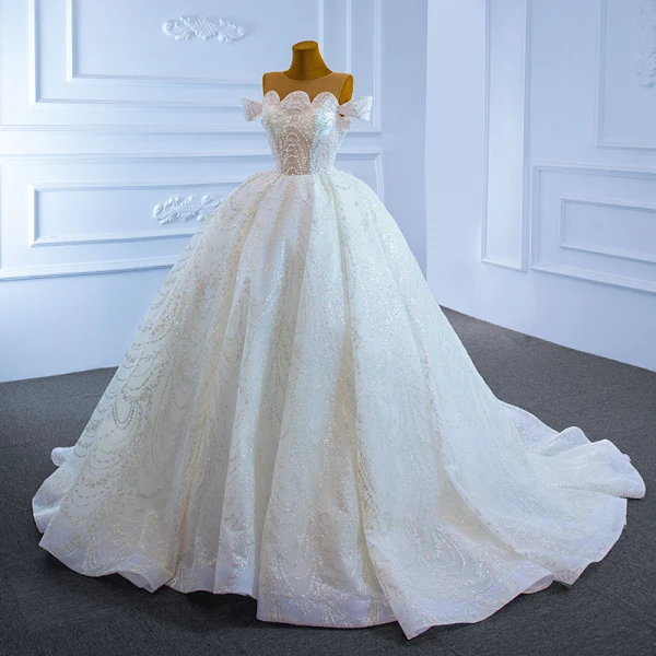 Luxury / Gorgeous White Bridal Wedding Dresses 2021 Ball Gown See-through Scoop Neck Short Sleeve Handmade  Beading Pearl Glitter Tulle Chapel Train Ruffle