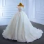 Luxury / Gorgeous White Bridal Wedding Dresses 2021 Ball Gown See-through Scoop Neck Short Sleeve Handmade  Beading Pearl Glitter Tulle Chapel Train Ruffle