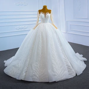 Charmant Blanche La Mariée Robe De Mariée 2021 Robe Boule Transparentes Encolure Dégagée Manches Longues Dos Nu Appliques En Dentelle Fait Main Perlage Glitter Tulle