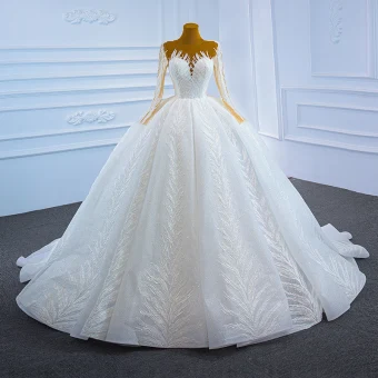 Charmant Blanche La Mariée Robe De Mariée 2021 Robe Boule Transparentes Encolure Dégagée Manches Longues Dos Nu Appliques En Dentelle Fait Main Perlage Glitter Tulle