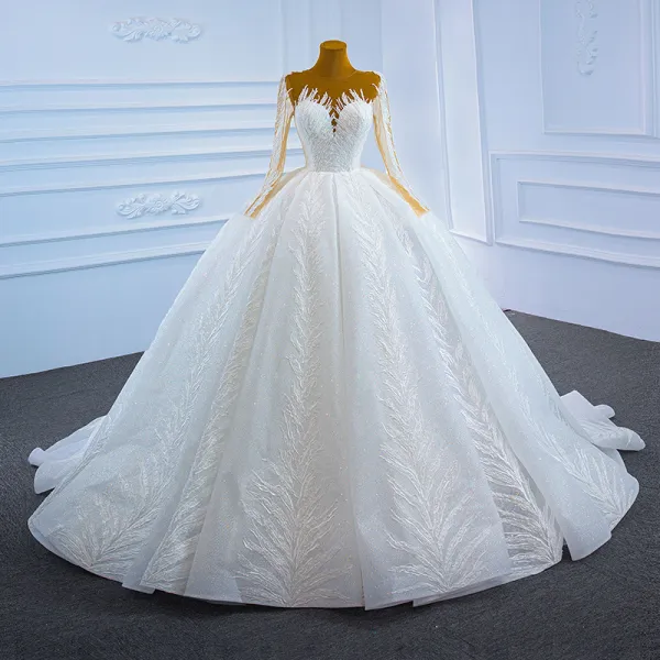 Charming White Bridal Wedding Dresses 2021 Ball Gown See-through Scoop Neck Long Sleeve Backless Appliques Lace Handmade  Beading Glitter Tulle