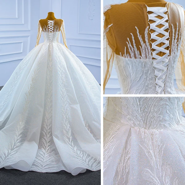 Charmant Blanche La Mariée Robe De Mariée 2021 Robe Boule Transparentes Encolure Dégagée Manches Longues Dos Nu Appliques En Dentelle Fait main Perlage Glitter Tulle