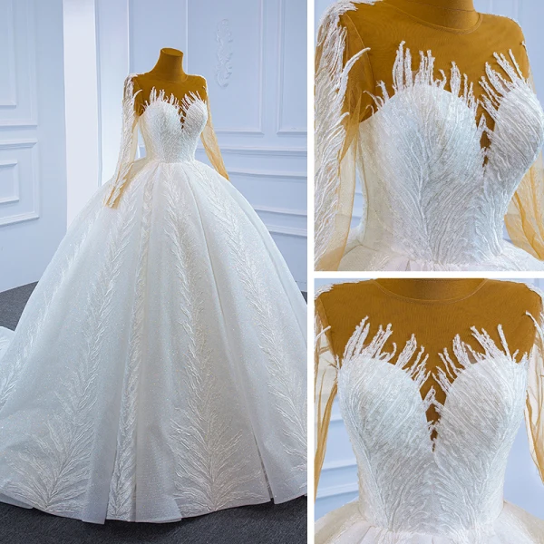 Charmant Blanche La Mariée Robe De Mariée 2021 Robe Boule Transparentes Encolure Dégagée Manches Longues Dos Nu Appliques En Dentelle Fait main Perlage Glitter Tulle
