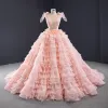 Luxury / Gorgeous Pearl Pink Prom Dresses 2021 Ball Gown Formal Dresses See-through Deep V-Neck Sleeveless Backless Beading Sequins Glitter Tulle Chapel Train