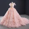 Luxury / Gorgeous Pearl Pink Prom Dresses 2021 Ball Gown Formal Dresses See-through Deep V-Neck Sleeveless Backless Beading Sequins Glitter Tulle Chapel Train