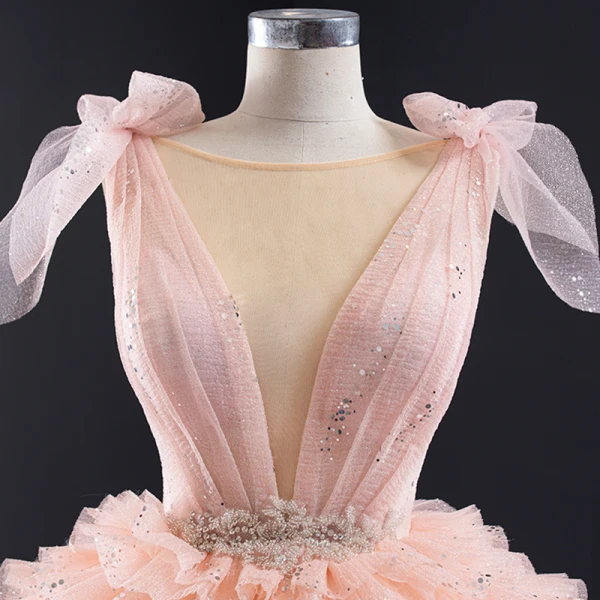 Luxury / Gorgeous Pearl Pink Prom Dresses 2021 Ball Gown Formal Dresses See-through Deep V-Neck Sleeveless Backless Beading Sequins Glitter Tulle Chapel Train