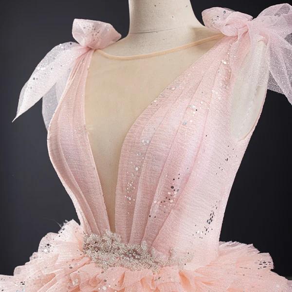 Luxury / Gorgeous Pearl Pink Prom Dresses 2021 Ball Gown Formal Dresses See-through Deep V-Neck Sleeveless Backless Beading Sequins Glitter Tulle Chapel Train