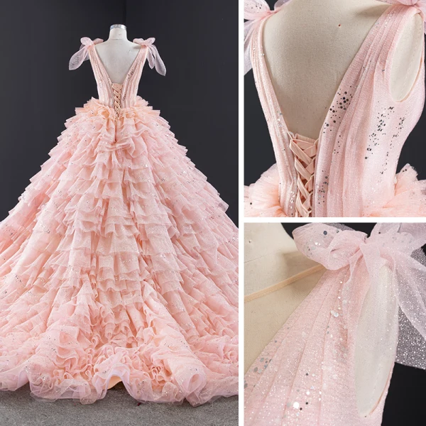 Luxury / Gorgeous Pearl Pink Prom Dresses 2021 Ball Gown Formal Dresses See-through Deep V-Neck Sleeveless Backless Beading Sequins Glitter Tulle Chapel Train