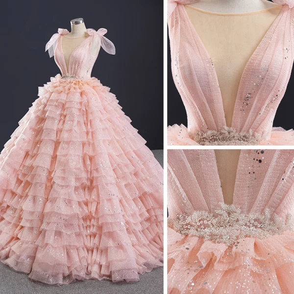 Luxury / Gorgeous Pearl Pink Prom Dresses 2021 Ball Gown Formal Dresses See-through Deep V-Neck Sleeveless Backless Beading Sequins Glitter Tulle Chapel Train