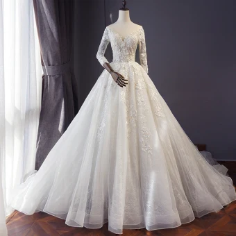 Abordable Ivoire Robe De Mariée 2018 Princesse Transparentes Encolure Dégagée 3 4 Manches Dos Nu Appliques En Dentelle Perle Perlage Cathedral Train Volants