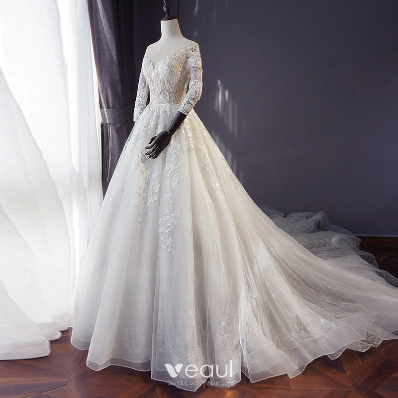 Wholesa A-line Ivory Cap Sleeve See Through Wedding Dresses Beach Bridal Dress main image 1
