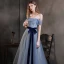 High-end Ocean Blue Dancing Prom Dresses 2021 A-Line / Princess Off-The-Shoulder Short Sleeve Glitter Tulle Sash Floor-Length / Long Ruffle Backless Formal Dresses