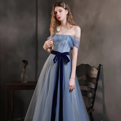 High End Meeresblau Tanzen Ballkleider 2021 A Linie Off Shoulder Kurze Ärmel Glanz Tülle Stoffgürtel Lange Rüschen Rückenfreies Festliche Kleider