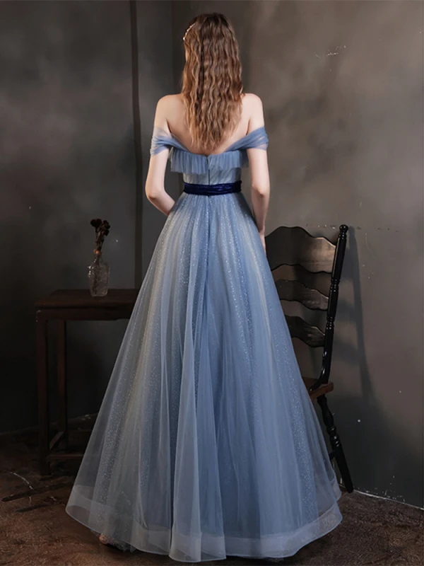 High-end Ocean Blue Dancing Prom Dresses 2021 A-Line / Princess Off-The-Shoulder Short Sleeve Glitter Tulle Sash Floor-Length / Long Ruffle Backless Formal Dresses