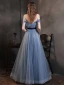 High-end Ocean Blue Dancing Prom Dresses 2021 A-Line / Princess Off-The-Shoulder Short Sleeve Glitter Tulle Sash Floor-Length / Long Ruffle Backless Formal Dresses