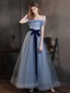 High-end Ocean Blue Dancing Prom Dresses 2021 A-Line / Princess Off-The-Shoulder Short Sleeve Glitter Tulle Sash Floor-Length / Long Ruffle Backless Formal Dresses