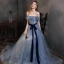 High-end Ocean Blue Dancing Prom Dresses 2021 A-Line / Princess Off-The-Shoulder Short Sleeve Glitter Tulle Sash Floor-Length / Long Ruffle Backless Formal Dresses