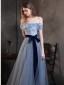High-end Ocean Blue Dancing Prom Dresses 2021 A-Line / Princess Off-The-Shoulder Short Sleeve Glitter Tulle Sash Floor-Length / Long Ruffle Backless Formal Dresses
