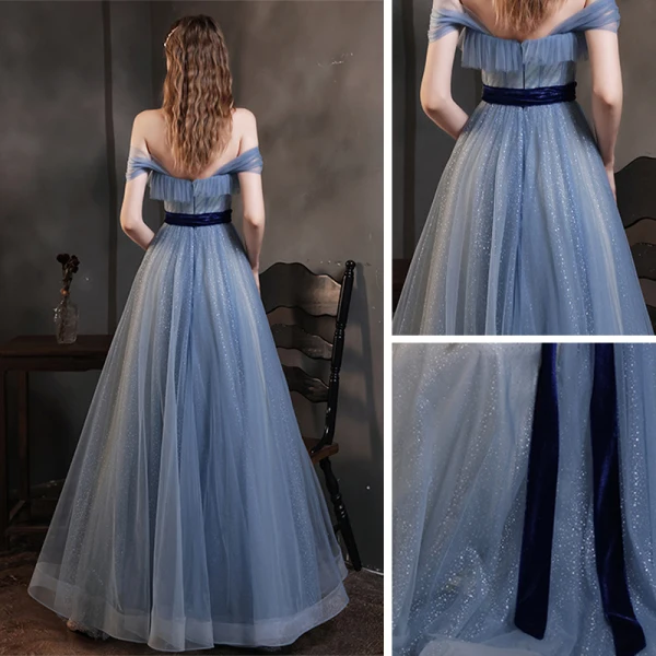 High-end Ocean Blue Dancing Prom Dresses 2021 A-Line / Princess Off-The-Shoulder Short Sleeve Glitter Tulle Sash Floor-Length / Long Ruffle Backless Formal Dresses