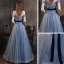 High-end Ocean Blue Dancing Prom Dresses 2021 A-Line / Princess Off-The-Shoulder Short Sleeve Glitter Tulle Sash Floor-Length / Long Ruffle Backless Formal Dresses