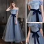 High-end Ocean Blue Dancing Prom Dresses 2021 A-Line / Princess Off-The-Shoulder Short Sleeve Glitter Tulle Sash Floor-Length / Long Ruffle Backless Formal Dresses