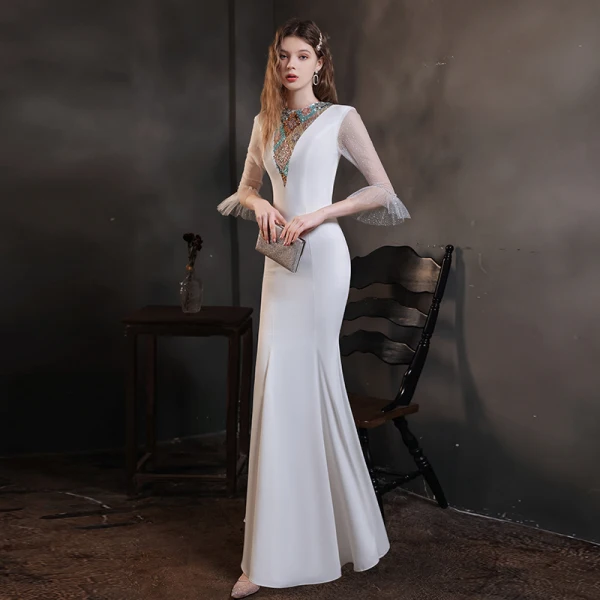 High-end White Evening Dresses 2021 Trumpet / Mermaid See-through High Neck Bell sleeves Beading Sequins Floor-Length / Long Ruffle Formal Dresses