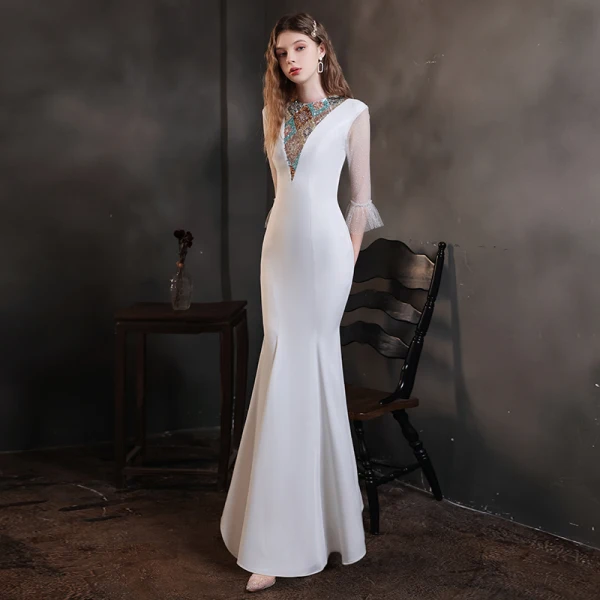 Haut de Gamme Blanche Robe De Soirée 2021 Trompette / Sirène Transparentes Col Haut Manches de cloche Perlage Paillettes Longue Volants Robe De Ceremonie