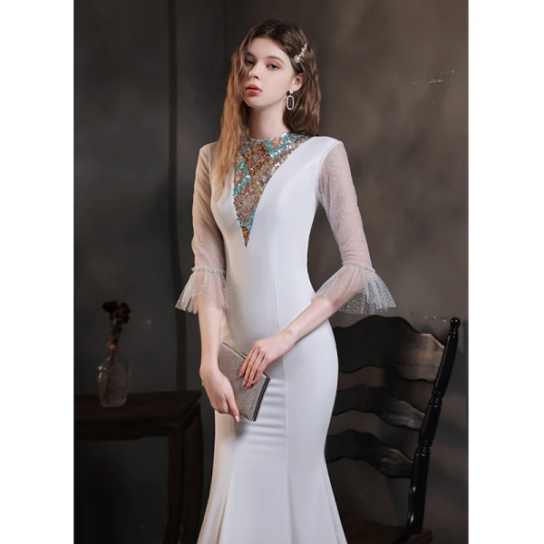 Haut de Gamme Blanche Robe De Soirée 2021 Trompette / Sirène Transparentes Col Haut Manches de cloche Perlage Paillettes Longue Volants Robe De Ceremonie