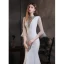 Haut de Gamme Blanche Robe De Soirée 2021 Trompette / Sirène Transparentes Col Haut Manches de cloche Perlage Paillettes Longue Volants Robe De Ceremonie