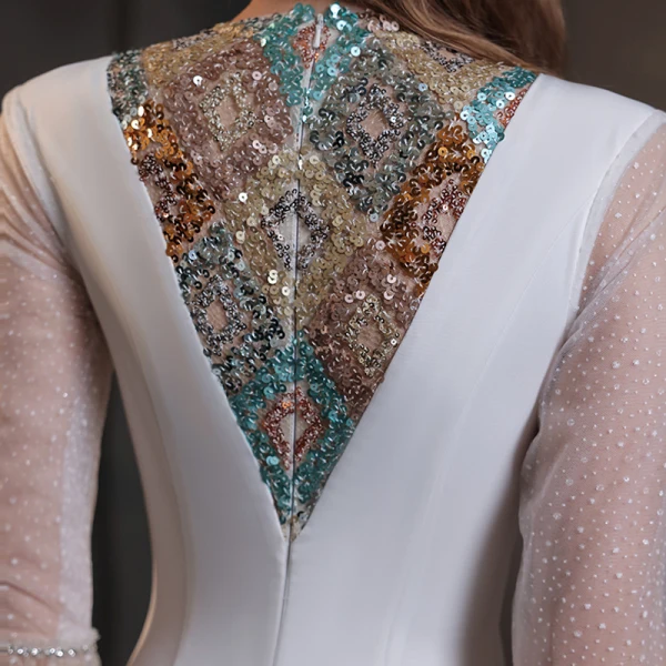 Haut de Gamme Blanche Robe De Soirée 2021 Trompette / Sirène Transparentes Col Haut Manches de cloche Perlage Paillettes Longue Volants Robe De Ceremonie