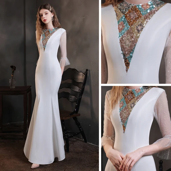 Haut de Gamme Blanche Robe De Soirée 2021 Trompette / Sirène Transparentes Col Haut Manches de cloche Perlage Paillettes Longue Volants Robe De Ceremonie