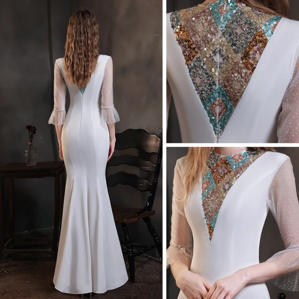 Haut de Gamme Blanche Robe De Soirée 2021 Trompette / Sirène Transparentes Col Haut Manches de cloche Perlage Paillettes Longue Volants Robe De Ceremonie