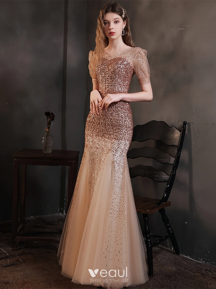 Champagne Sequin V Neck Long Sleeve Trumpet Mermaid Prom Formal Dress