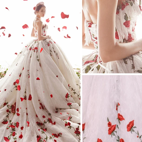 Blomsterfe Elfenben Rose Bryllups Brudekjoler 2021 Ballkjole Kjæreste Uten Ermer Ryggløse Appliques Blonder Blomst Beading Cathedral Train Buste
