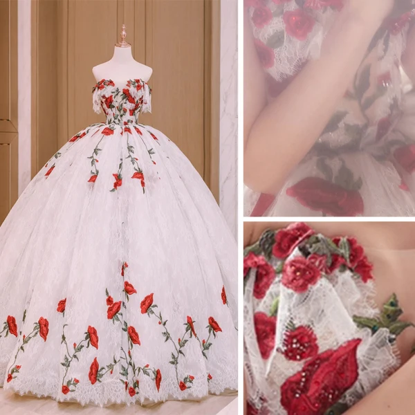 Blomsterfe Elfenben Rose Bryllups Brudekjoler 2021 Ballkjole Kjæreste Uten Ermer Ryggløse Appliques Blonder Blomst Beading Cathedral Train Buste